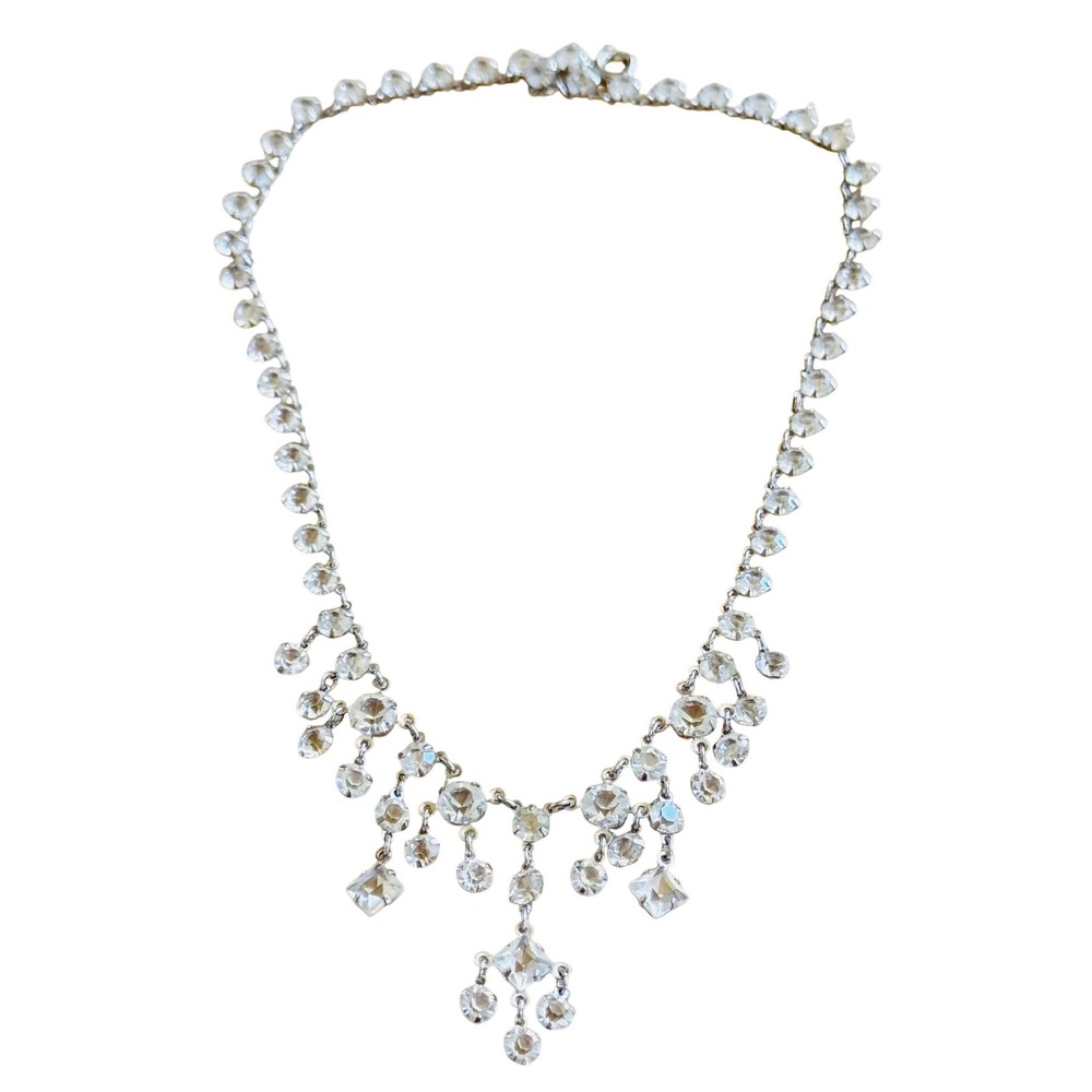 VTG Art Deco Flapper Necklace Pointed Back‎ Austrian Crystal Open Bezel Silver